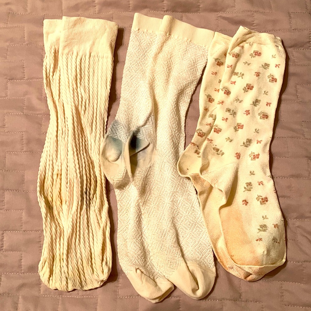 Three pairs women’s ivory dress socks knee highs minor staining from shoes